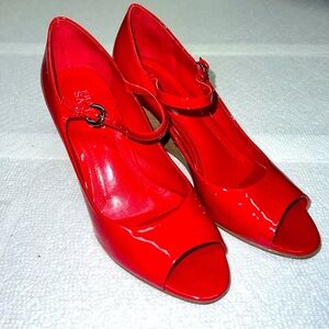 Franco Sarto Womens 8 1/2M Pumps Red Patent Leather Cork Wedge Peep Toe